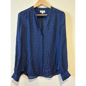 L'Agence Button Up Bardot Band Collar Blouse Blue Black 100% Silk Size S Career